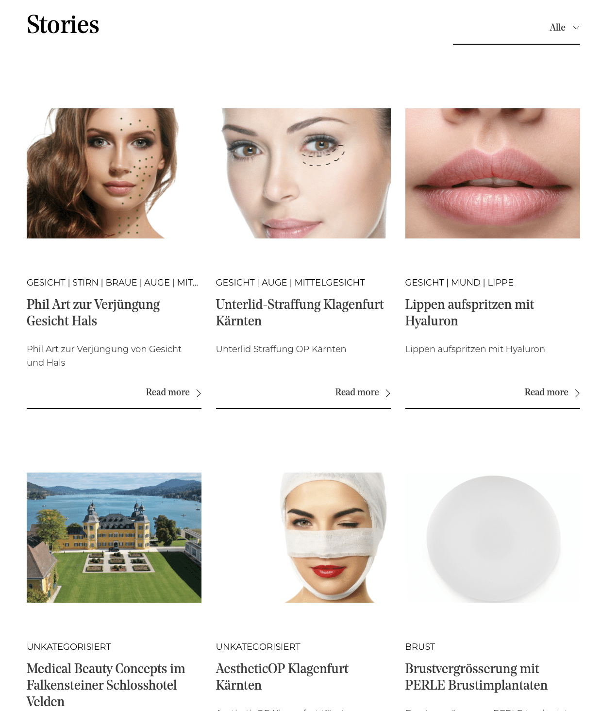 Collage von ästhetischen Behandlungen mit Fokus auf das Gesicht, einschließlich einer speziellen Erwähnung von Brustvergrößerung mit PERLE Brustimplantaten, verfügbar in Klagenfurt, Kärnten.